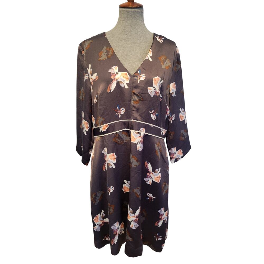 Banana Republic 14 Dark Gray Floral Satin Dress Fairy Whimsigoth Office Siren